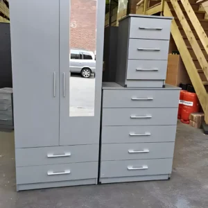 2 door mirrored wardrobe set with 1 chest and sidetable SILVER